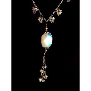 14 Inch Milk Glass and Aurora Borealis Vintage Style Necklace by Lia Sophia